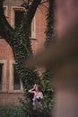 European couple, bride and groom kissing in the park near big tree Royalty Free Stock Photo