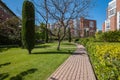 European courtyard in a modern residential complex for eco-friendly living in the Barcelona city, Spaine