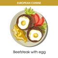 European cuisine beefsteak egg traditional dish food vector icon for restaurant menu