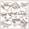 European cuisine food dishes for menu vector sketch icons templates
