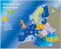 European currencies map with symbols