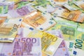 European currency lies on the table. Banknotes one hundred, two hundred, fifty, five hundred euros are scattered in a chaotic mann Royalty Free Stock Photo