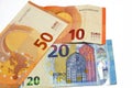 European currency money banknotes bills of 50, 20 and 10 Euros  on white background Royalty Free Stock Photo