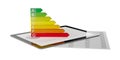 European energy classification label on tablet pc with data sheet and diagram on white background, energy consumption chart Royalty Free Stock Photo