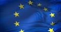 European EU flag, euro flag, flag of european eurozone union waving, yellow star on blue background, close-up