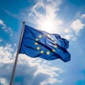 European EU flag, unfurled in all its glory on a sunny day against the clear blue sky. Royalty Free Stock Photo