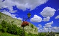 European fairy tale medieval city street outside landmark landscaping view lantern blossom flowers vase foreground and picturesque Royalty Free Stock Photo