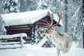 European fallow deer in winter forest against the background of a snow covered forest hut