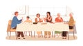 European family sitting at table together have festive dinner vector flat illustration. Smiling children, parents and