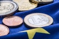 European flag and euro money. Coins and banknotes European currency freely laid on the Eur Royalty Free Stock Photo