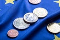 European flag and euro money. Coins and banknotes European currency freely laid on the Eur Royalty Free Stock Photo