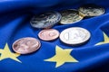 European flag and euro money. Coins and banknotes European currency freely laid on the Eur Royalty Free Stock Photo