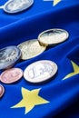 European flag and euro money. Coins and banknotes European currency freely laid on the Eur Royalty Free Stock Photo