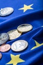 European flag and euro money. Coins and banknotes European currency freely laid on the Eur Royalty Free Stock Photo