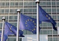 European flags in front the Berlaymont building, headquarters commission on Brussels.