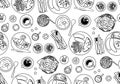 European food seamless pattern top view plates dishes table black and white