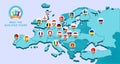 European 2020 football championship Vector illustration with a map of Europe with highlighted countries flag that qualified to