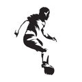 European football player with ball, soccer. Abstract vector silhouette. Side view