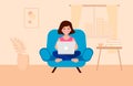 European girl sits on the chair with a laptop in living room. Remote workconcept. Vector illustration