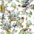 European goldfinch bird and apple tree flowers seamless pattern. Ornament of blossom twigs, green leaves. Print design Royalty Free Stock Photo