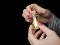 European hands of a woman with Arabian perfume oil Royalty Free Stock Photo