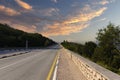 European Highway with markings in the mountains leading to the sea at dawn. Coast of the Black Sea