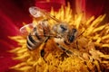 An European Honey Bee (Apis Mellifera) on a red and yellow dahlia flower Royalty Free Stock Photo