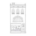 European house. Cute Dutch building with a ballet shop and a large semicircular window. Contour monochrome vector