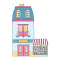 European house. Cute Dutch building with a bookstore on the ground floor. Colorful vector illustration in a hand-drawn