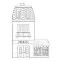 European house. Cute Dutch building with a bookstore on the ground floor. Contour monochrome vector illustration