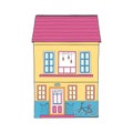 European house. Cute Dutch building with porch and bike. Colorful vector illustration in a hand-drawn childish