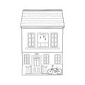 European house. Cute Dutch building with porch and bike. Contour monochrome vector illustration, coloring for children