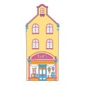 European house. Cute Dutch building with a toy store on the ground floor.Colorful vector illustration in a hand-drawn