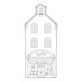 European house. Cute Dutch building with a toy store on the ground floor. Contour monochrome vector illustration