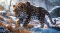 a European Ice Age leopard in a cinematic setting.