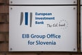 European investment Bank logo in front of their main office for Slovenia in Ljubljana. EIB is the European Union investment loan