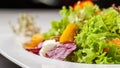 European Italian salad of lettuce, cherry tomatoes, pumpkin, edible pumpkin flowers, and pumpkin seeds, in a white plate. Royalty Free Stock Photo