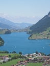 European lake Brienz seen from Brunig Pass in Switzerland with clear blue sky in 2018 warm sunny summer day - vertical Royalty Free Stock Photo