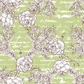 European larch branch and cones on green unreadable calligraphy background. Seamless pattern.