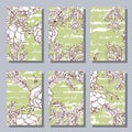 European larch branches and cones. Set of 6 hand-drawn cards. Vector illustration.