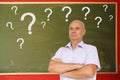 European man crossed his arms on the background of a lot of white question marks on a chalkboard for chalk, text, concept close-up Royalty Free Stock Photo