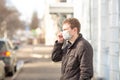 European man wearing protective medical mask an empty street, utdoors. Concept self-care