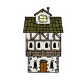 European Medieval house. German wooden Village building. Old house with chimney. Cartoon retro illustration.