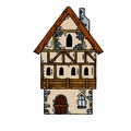 European Medieval house. Village building. Old house with chimney. Cartoon retro illustration.