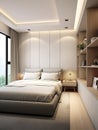 European minimalist style bedroom, platform bed is by the window. Generative AI