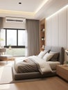 European minimalist style bedroom, platform bed is by the window. Generative AI