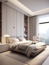 European minimalist style bedroom, platform bed is by the window. Generative AI