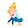 European mother and child. The blonde mother embraces the blue-eyed boy with great love and tenderness. Mother's Day is