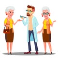 European Oculist Doctor Giving Glasses To Old Woman Patient With Vision Problem Vector. Isolated Cartoon Illustration Royalty Free Stock Photo