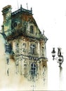 European old building and street lamp post raster watercolor illustration